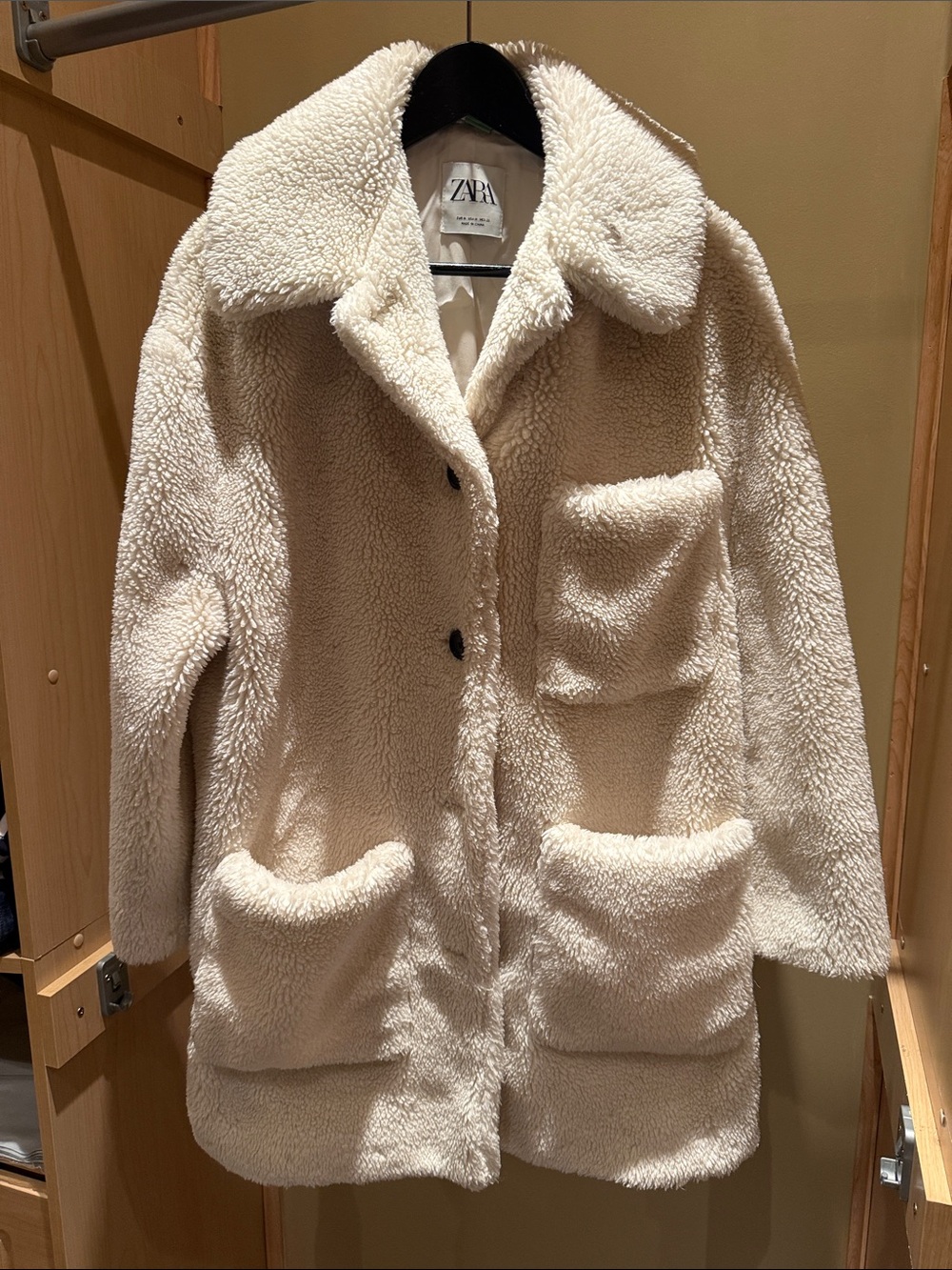Zara Cream Teddy Sherpa Coat with Patch Pockets